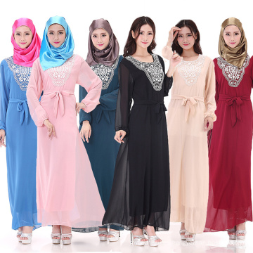 Venta caliente más tamaño abaya vestido dubai musulmán abaya manga larga gasa material islámico ropa